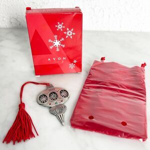 Avon 2019 Vintage Inspired Pewter Christmas Ornament Red Tassel Rhinestones Box